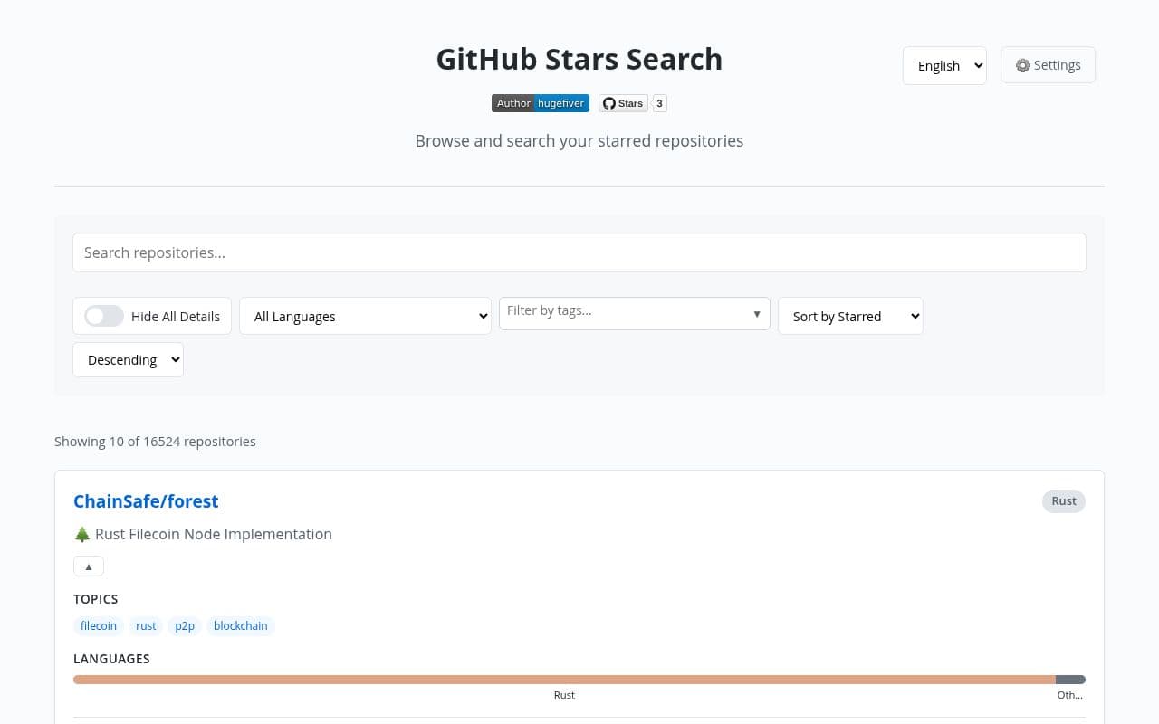 Screenshot of GitHub Stars Search