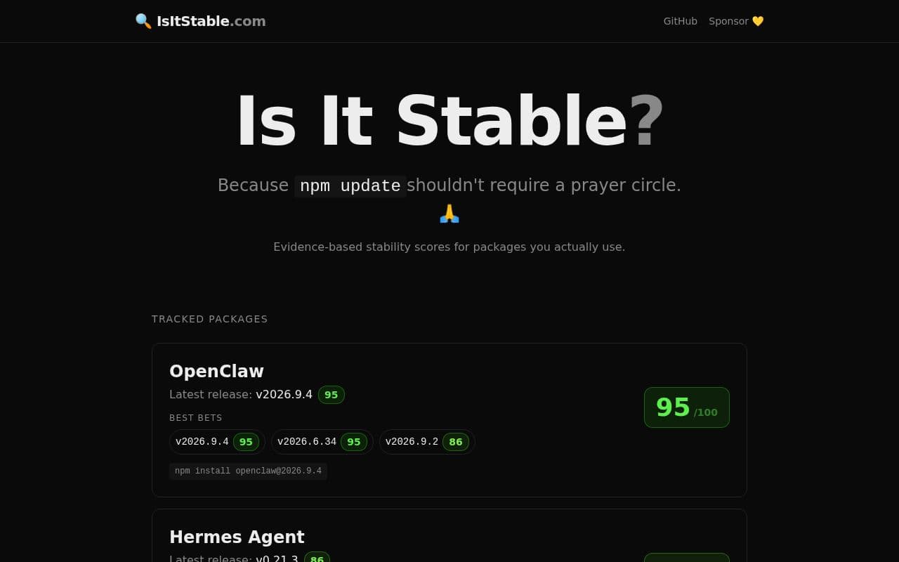 Screenshot of IsItStable