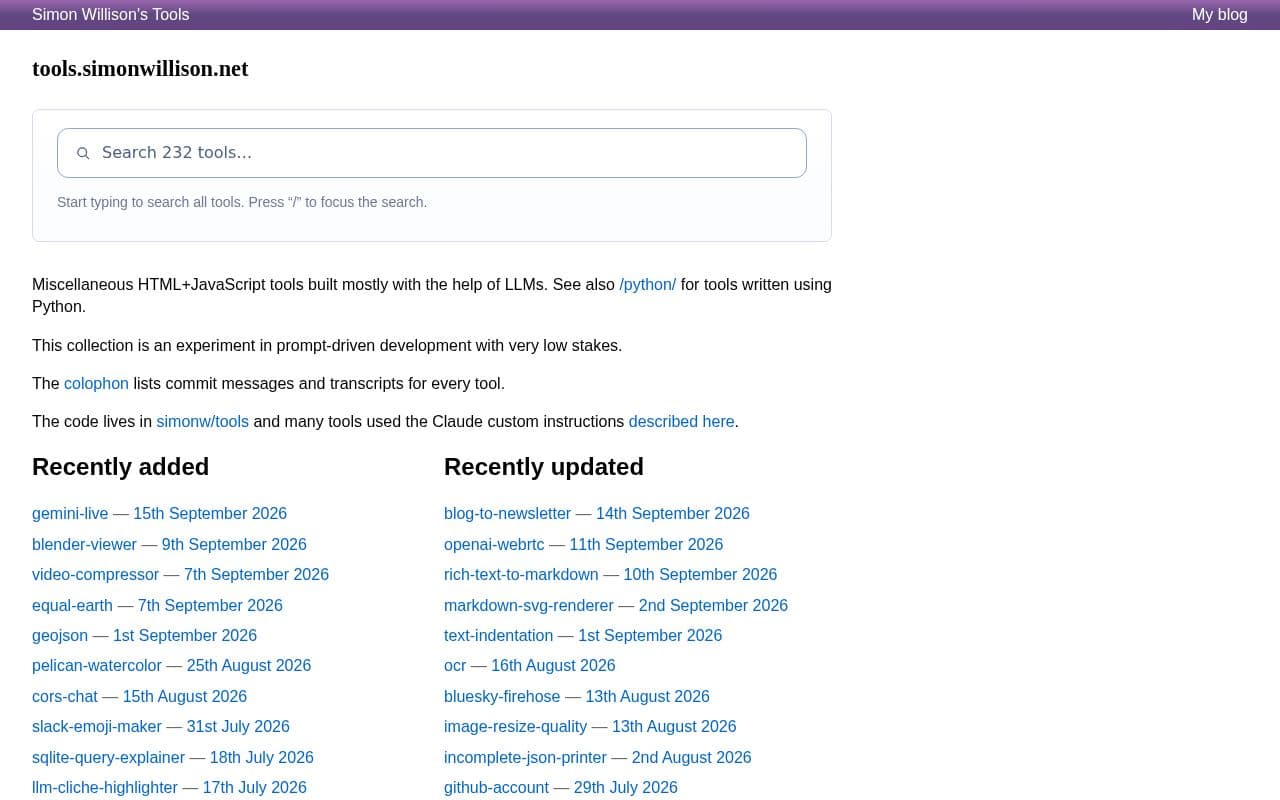 Screenshot of Simon Willison's Tools